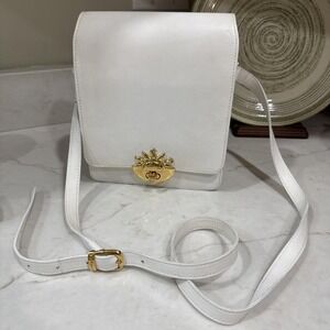 Vintage‎ El Portal  White Leather Crossbody Bag Gold Sun Clasp Made in USA